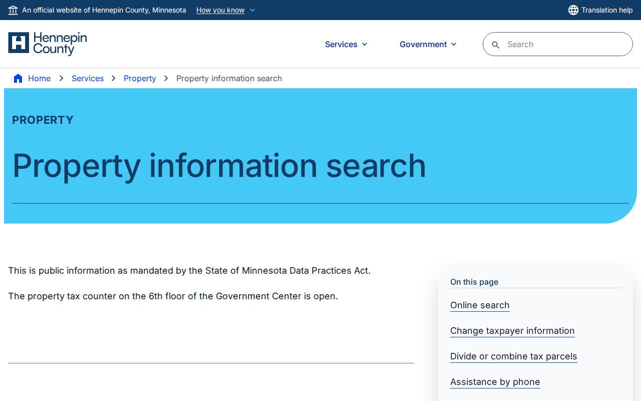 Minnesota street directory: Hennepin County property search by address, PID, addition name, and map