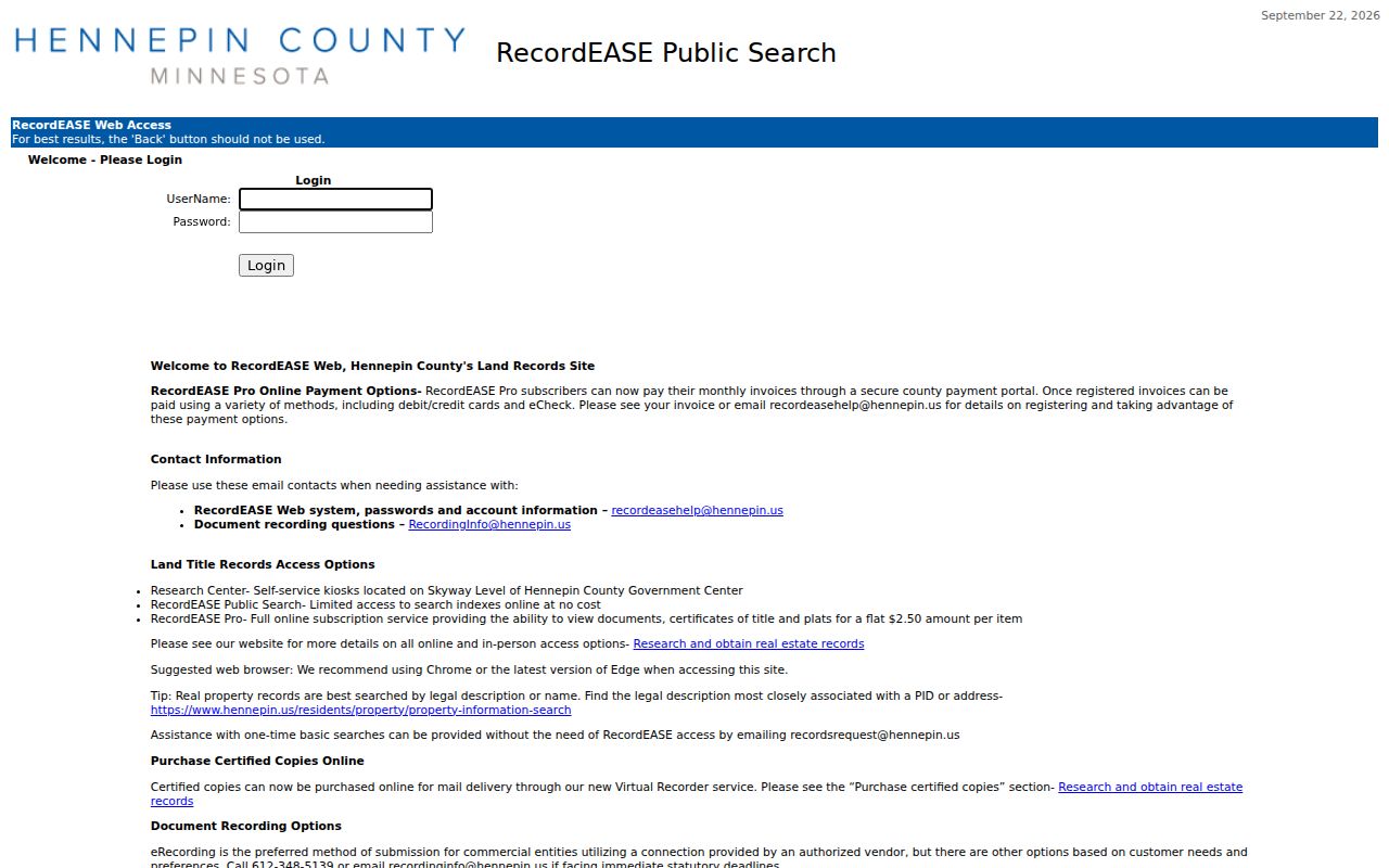 Minnesota street directory: Hennepin RecordEASE public land-record index search