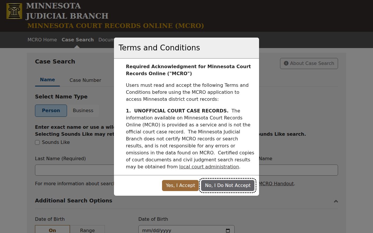 Minnesota resident lookup fields in the MCRO court case search